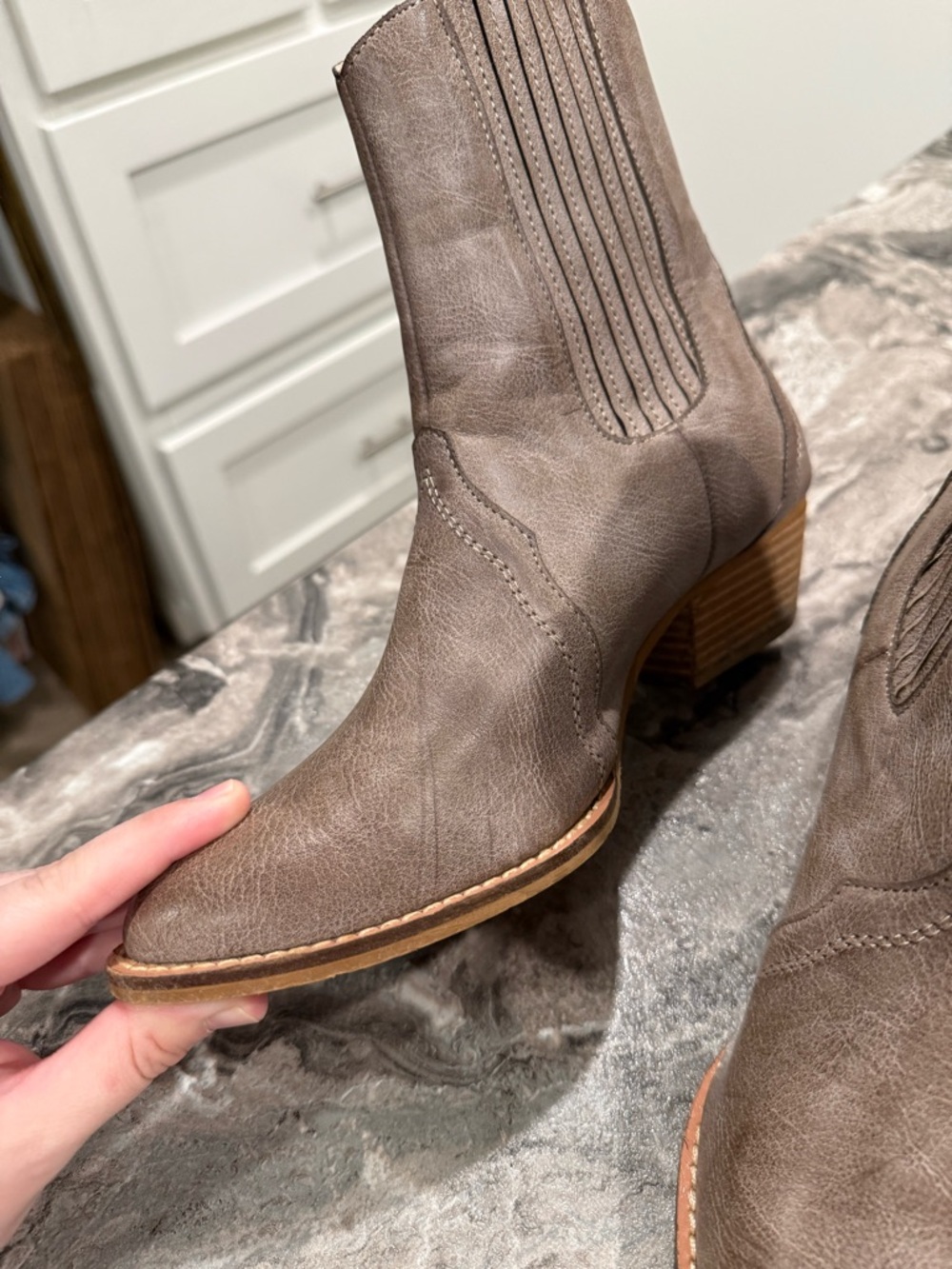 Women's Taupe Western Ankle Booties with Low Stack Heel - Picture 3 of 8
